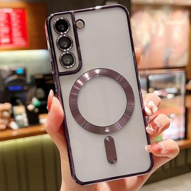 Imagem de HJZSZX Para S23 Ultra Luxury Plating Clear Magnetic Wireless Charge Case Silicone Cover (Para S23 Ultra/Roxo Escuro)
