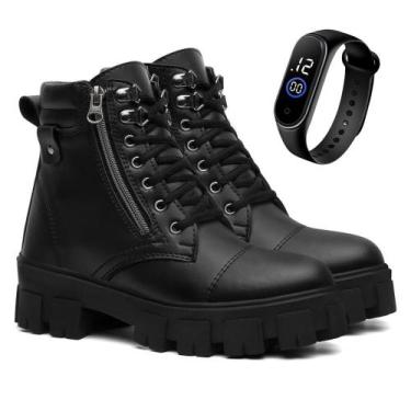 Imagem de Kit Bota Feminina Coturno Feminino Zíper Lateral Tratorado Cano Curto 