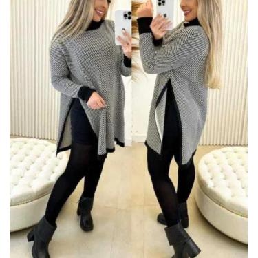 Imagem de Poncho Blusa Feminino Manga Longa Tricot Ponche Gola Alta - Josy Modas