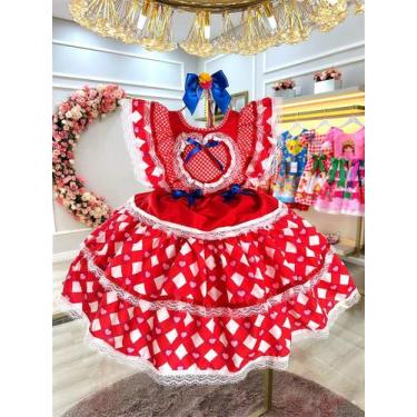 Imagem de Vestido Infantil Junino Caipira Vermelho Desenho Corações - Fabuloso A