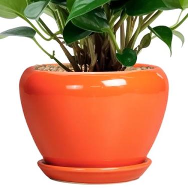 Imagem de Ceramicfor Vaso de plantas de 15 cm - Vaso de cerâmica para plantas de interior, vaso redondo, vaso de plantas ao ar livre com orifício de drenagem e pires, vaso de flores moderno para jardim de