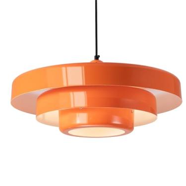 Imagem de FCTWAKS Luminária pendente grande moderna, candeeiro de teto laranja vintage de 45 cm com sombra de metal de 3 camadas, altura ajustável, lustre de meados do século para iluminação de ilha de cozinha