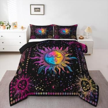 Imagem de Erosebridal Conjunto de edredom Boho Queen com estampa de galáxia psicodélica psicodélica colorida, 3 peças, arco-íris, decoração de noite estrelada, edredom acolchoado e constelação celestial