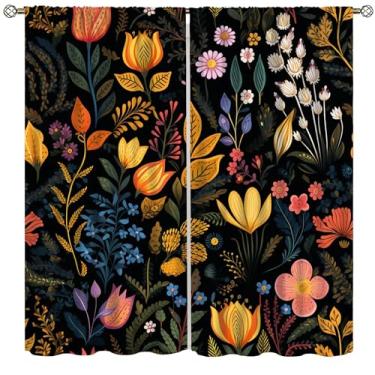 Imagem de Cortina blecaute floral, boho, colorido, preto, abstrato, flores, botânicas, tratamento de janela, para café, quarto, escritório, sala de jantar, sala de estar, cozinha, decoração, 107 x 114 cm