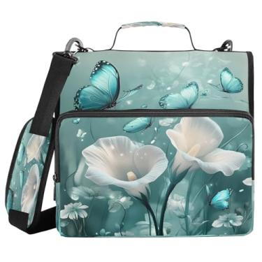Imagem de Pasta para fichário com 3 anéis com zíper, flores de primavera, floral, azul-petróleo, borboleta com alça de ombro, 500 folhas, organizador de papel, organizador de documentos, pasta de arquivos para