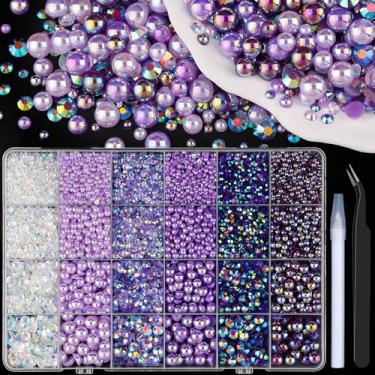 Imagem de 10.000 peças de pérolas planas e strass de resina para artesanato, meias pérolas roxas de 3 a 8 mm e strass de geleia de 3 a 6 mm com ferramentas de captação, pedras deslumbrantes para artesanato DIY