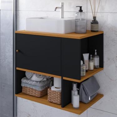 Imagem de Gabinete Armário Balcão Aéreo Suspenso de Parede para Lavabo Pia Banheiro Pequeno Apartamento 1 Porta e Nicho Organizador Deca Aqua - Preto/Freijó