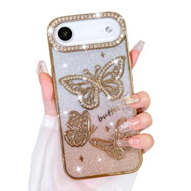 Imagem de Bonoma Capa com glitter para Plus, linda capa com estampa de borboleta 3D, proteção para câmera, capa traseira macia e brilhante para mulheres e meninas, dourada