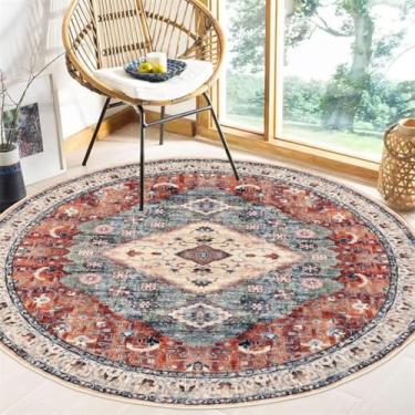 Imagem de ESSMOKO Tapete Étnico Redondo Tapete Retrô Tapete Quarto Sala de Estar Tapete Lavável na Máquina Fácil de Cuidar Tapete de Caxemira Artística, Retrô Vermelho e Azul, 80 cm
