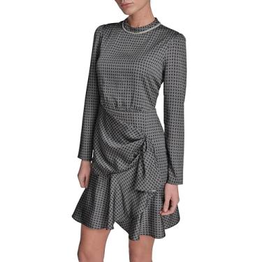 Imagem de BCBG Minivestido feminino de manga comprida e gola redonda com babados, Mar profundo/areia iluminada pela lua, 48