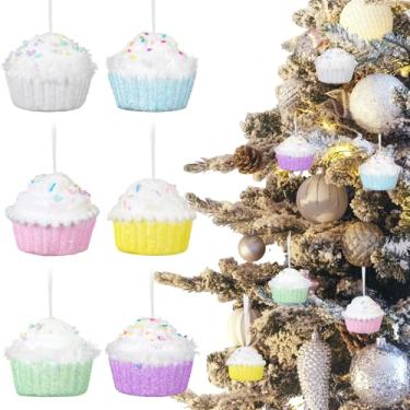 Imagem de Conjunto de 6 enfeites de cupcake de Natal para pendurar enfeites de doces para decoração de festa de cupcake de árvore de Natal, enfeites de festa temáticos candyland para Natal, Ano Novo