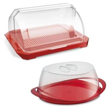 Imagem de Kit Porta Pão Premium + Boleira Redondo Acrílica Vermelha