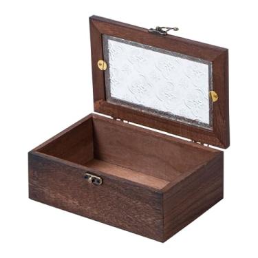 Imagem de Useekoo Caixa de armazenamento de madeira com fecho frontal e tampa de vidro articulada, 17 x 12 x 7 cm, caixas de lembrança de madeira para joias, cartões, peals, caixa de presente de memória rústica
