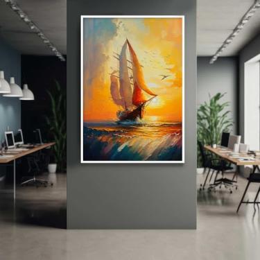 Imagem de Quadro com Moldura Pintura Barco Por do Sol Vertical Decorativo Grande Sala Quarto Hall
