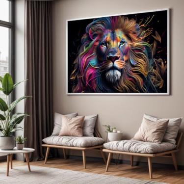 Imagem de Quadro com Moldura Sala Quarto Leão Colorido Arte Decorativo Horizontal Grande Hall