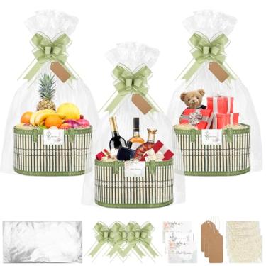Imagem de SelfTek Pacote com 3 cestas para presentes vazias, kit de cesta de bambu com sacos de embrulho, cartão de presente, ráfia e laços de puxar, cestas de presentes para aniversário, casamento, 30 x 20 x