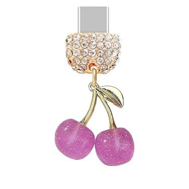 Imagem de ELISE & FONDA TP860 Tipo-C porta de carregamento cristal antipoeira plugue grande cereja 3D com pingente de celular glitter para iPhone 15/16/Samsung/OnePlus/Xiaomi/oppo telefones Android (Roxo)