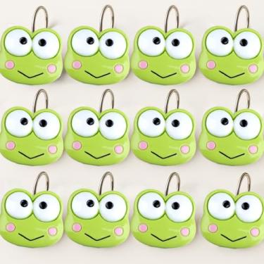 Imagem de YOINIUEM Conjunto de 12 ganchos de cortina de chuveiro de sapo fofo, design de sapo de desenho de resina, anéis de cortina decorativos para banheiro infantil, fácil de instalar e durável