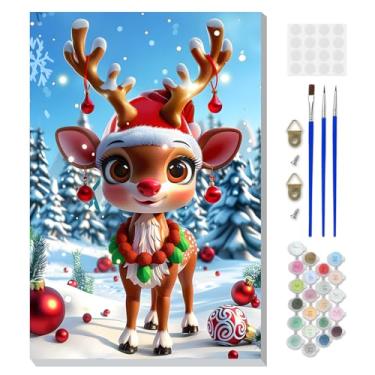 Imagem de DOMROM Kit de pintura emoldurada de Natal por números para adultos com cavalete de madeira, kit de pintura de cervo fofo por número para iniciantes, kits de pintura a óleo DIY para decoração de parede