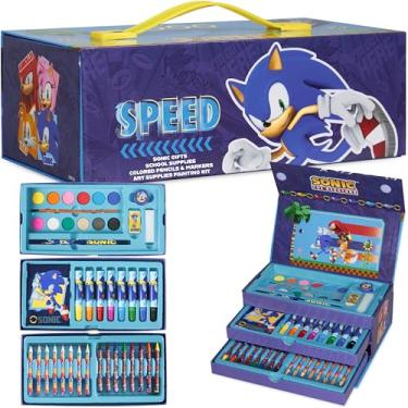 Imagem de Sonic The Hedgehog Pasta pinturas para crianças estojo completo com pinturas marcadores cera e lápis de cor 40 peças material escolar presentes para crianças