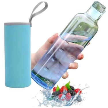 Imagem de Garrafa de vidro azul esportiva de 500 ml, garrafa de vidro borossilicato com marcador de hora em hora, à prova de vazamento, reutilizável, livre de BPA, garrafa de água motivacional de boca larga.