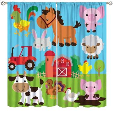 Imagem de Cortinas de animais de fazenda com desenho infantil, trator fofo de fazenda, desenho animado, vaca, porco, cavalo, animal, janelas, bolso para varão, para berçário, bebês, meninos, sala de estar