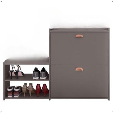 Imagem de Sapateira Organizadora Com Banco Integrado - 2 Portas Basculantes E Puxador Concha Milano Para Hall De Entrada, Quarto E Closet - Assento PráTico Para Vestir Sapatos(Cinza Pérola)