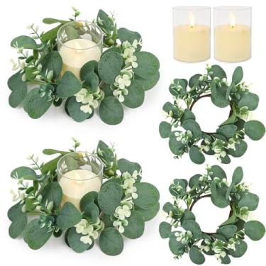 Imagem de ACMEE Anéis de vela de eucalipto com conjuntos de velas sem chama - 2 conjuntos de guirlandas de mesa de centro de mesa de eucalipto artificiais de eucalipto 7,6 cm para decoração de festa de chá de