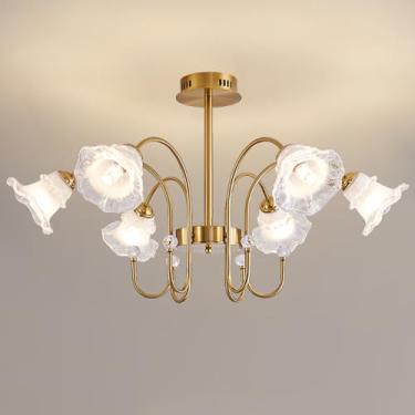 Imagem de Lustre de flores douradas para quarto, luminária pendente de vidro leitoso, luminária de teto moderna de meados do século, lustre floral semi-embutido para quarto de meninas, sala de estar,