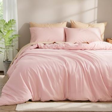 Imagem de Cozaline Conjunto de edredom king 100% algodão – rosa, textura semelhante a linho, super macio e respirável, conjunto de cama leve, 3 peças de percal durável para todas as estações