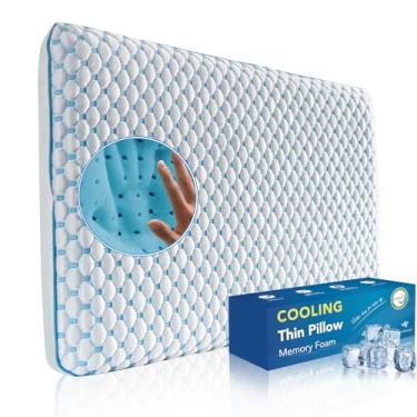 Imagem de Travesseiro de dormir de estômago para alívio da dor no ombro e pescoço, almofadas finas de espuma viscoelástica – Travesseiro de espuma viscoelástica de gel fino refrescante para pessoas que dormem