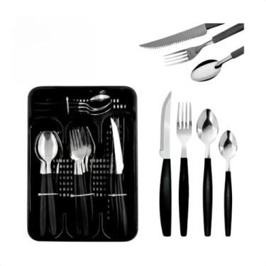 Imagem de Faqueiro Inox Jogo De Talheres Porta Talher Com 25 Peças Preto E Vermelho(PRETO)