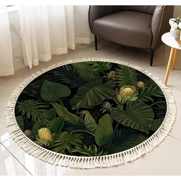 Imagem de Tapete redondo com franjas tropicais exóticas sem costura flores protea folhas tropicais boho tapete de linho tecido à mão pátio corredor tapete decoração de casa sala de estar mesa de banheiro, 9 m