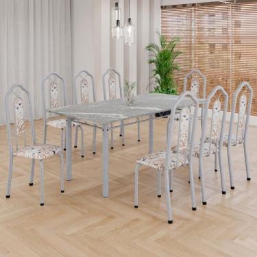 Imagem de Conjunto De Mesa Tubular 8 Cadeiras 180x75cm Mart Perola Com Tampo Em Granito Ocre Brenda 050 - Tudo De Móveis Preto Floral