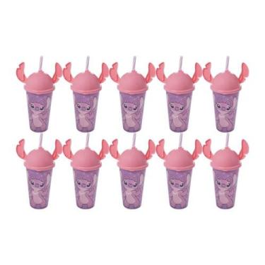 Imagem de Kit 10 Copos Stitch e Angel 500ml Com Tampa Ludica Canudo Orelhinha pa