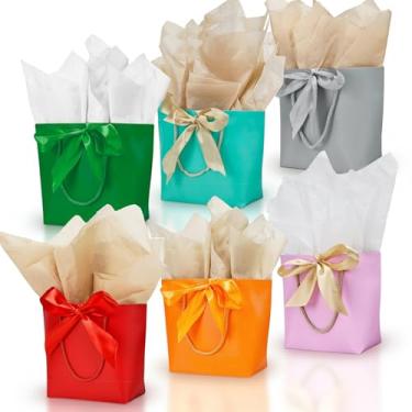 Imagem de Aosric Pacote com 12 sacolas coloridas para presente com fita de laço e papel de seda – 19 x 9 x 19 cm, elegante bolsa de presente pequena com suporte de base para lembrancinhas de festa, aniversário