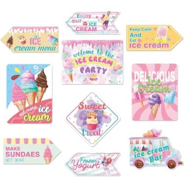 Imagem de WERNNSAl Decorações de festa de sorvete - 10 peças de placas de zonas de sorvete cartazes para crianças, tema de sorvete, suprimentos de festa de aniversário, meninas, sorvete, colorido, decoração de