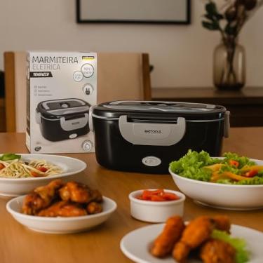 Imagem de Marmiteira Elétrica Térmica 1,5L, Bivolt 127-220V, Preta, com Compartimentos e Talheres, Marmiteira Marmita Elétrica BIVOLT 110V 220V Marmitex Portátil Para Comida Térmica Tomada Trabalho