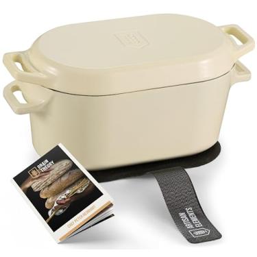 Imagem de KooK Forno holandês, para assar pão, forma de pão de fermento, com tampa, alças duplas, ferro fundido esmaltado, inclui alavanca de tampa, lavável na lava-louças, 3,4 L, marfim