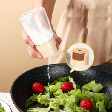 Imagem de Conjunto de saleiro e pimenteiro bege com furos e tampas, agitador de especiarias de plástico para cozinha, pacote com 2, dispensador de especiarias para sal de mesa, pimenta preta e branca