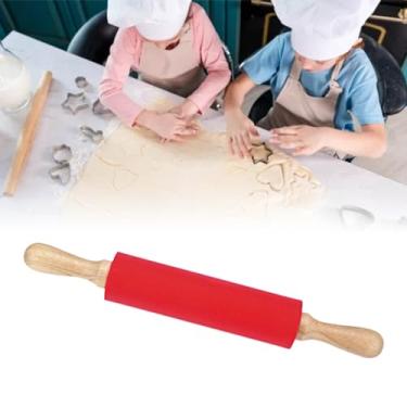 Imagem de Rolo de silicone estendido de 23 cm, rolo de silicone para assar com cabo de madeira antiaderente, para massa de bolinhos de massa com cabo de madeira maciça (vermelho)