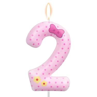 Imagem de Velas de Aniversário com Laço Rosa, Velas Rosa e Brancas de Bolinhas Gato Desenho Animado Decoração Bolo Topo Vela para Meninas Mulheres Casamento Aniversário Festa (Número 2)