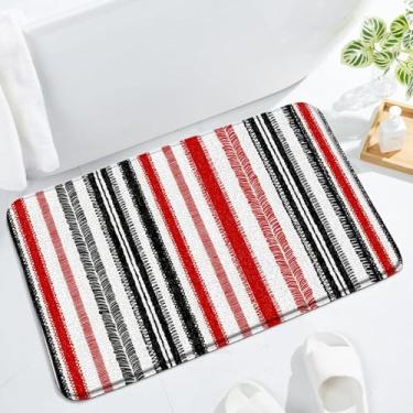 Imagem de LAEDCIITI Tapete de banho listrado vermelho preto moderno abstrato geométrico listras verticais moda meados do século clássico tapete de banheiro absorvente tapete de banheiro 45 x 75 cm