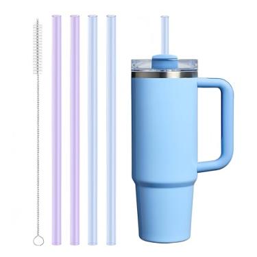 Imagem de 4 canudos Tritan de substituição compatíveis com Stanley Quencher de 850 g, copo copo de 1,134 g, canudos reutilizáveis com 1 escova de limpeza (azul + roxo)