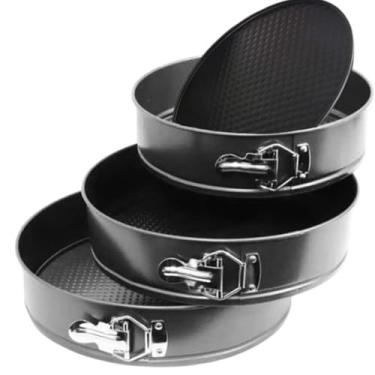 Imagem de Kit 3 Formas Redondas para Bolo em Aço, Grafite, Fundo Removível com Trava Metálica, Tamanhos 24/26/28cm x 6cm, Revestimento Antiaderente, para Confeitaria e Panificação