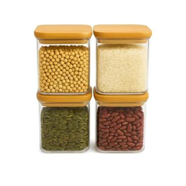Imagem de Kit 4 Potes de Vidro Hermetico Quadrado 700ML com Tampa de Bambu Porta Condimento Mantimentos BRIWAX