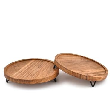 Imagem de Hanol Pedestais Suporte de madeira de acácia com pernas de ferro – Bandeja de lábios redonda para banheiro, jardim e casa para velas, perfume e peças decorativas (conjunto de 2) (conjunto de 20 x 20 x