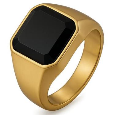 Imagem de Anel Masculino Grande Pedra Preta Agatha Dourado Solitário Comendador 