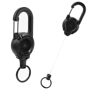 Imagem de Porta-crachá preto de mosquetão resistente, chaveiro com cordão retrátil de aço de 59,7 cm, gancho de chaveiro para mochilas ao ar livre (1 peça)
