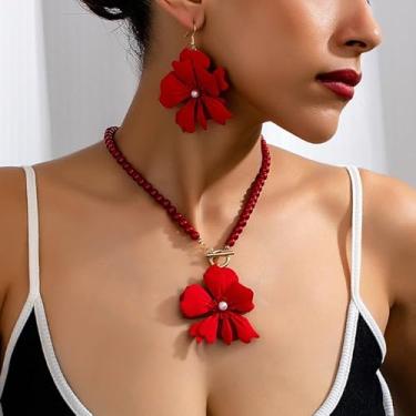 Imagem de Conjunto de colar e brinco com contas de flor vermelha exagerada, estilo boêmio, conjunto de joias florais para mulheres, acessórios atraentes para banquete
